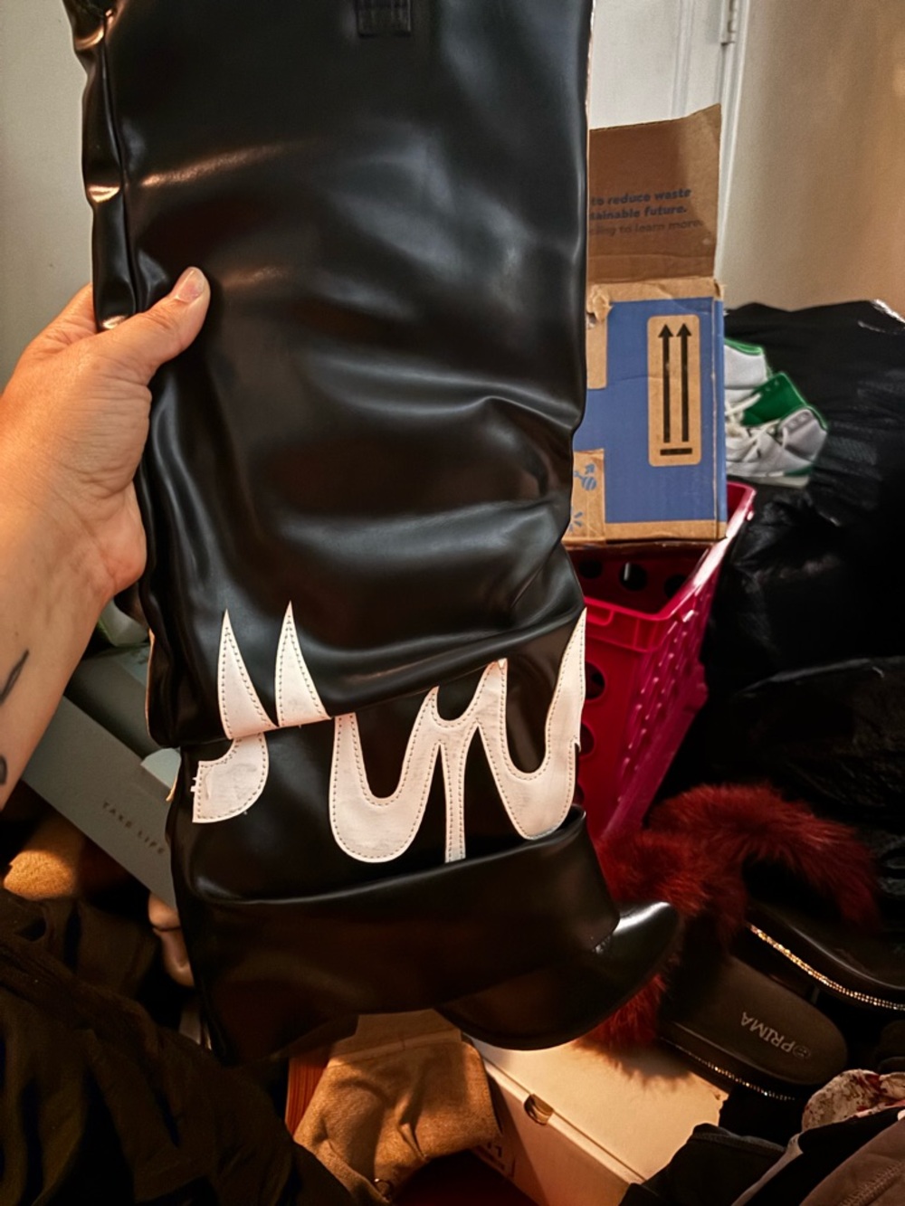 Black Leather Boot Bag with White Flame Detail